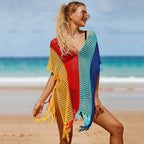 Rainbow Color Hollow Out Cutout Beach Cover up Seaside Holiday Bikini Cover Swimsuit Outwear Sun Protection Clothing Bella Mia