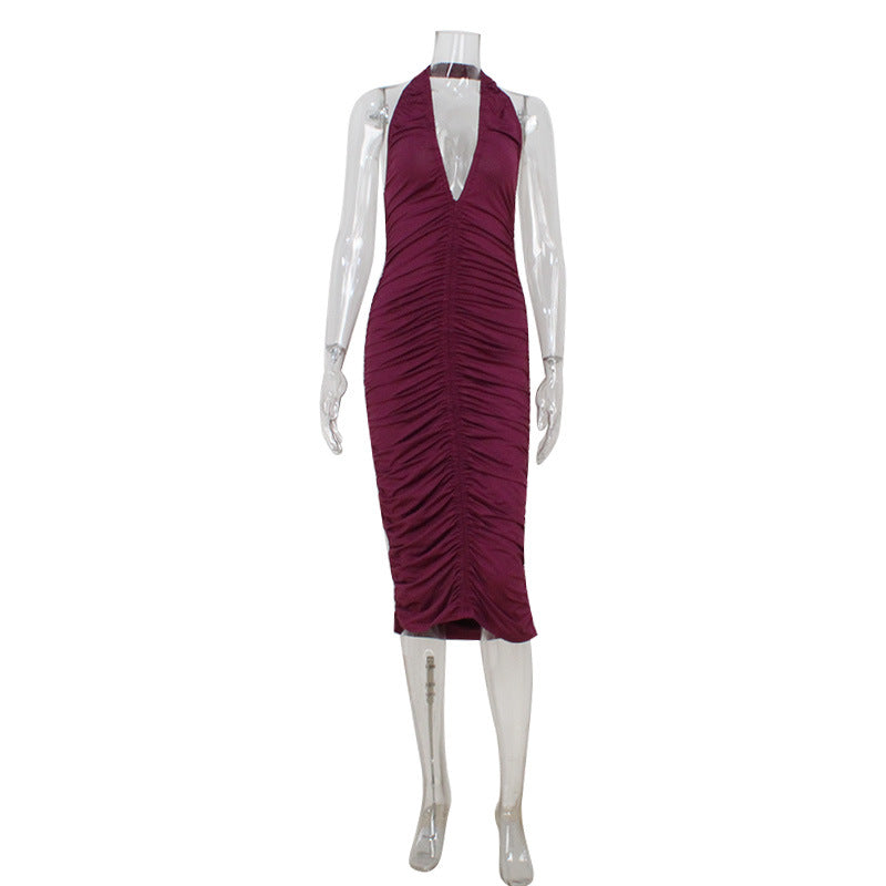 Sexy Women Clothing V neck Halter Slim Fit Slimming Ruffle Hip Purple Dress Women Bella Mia