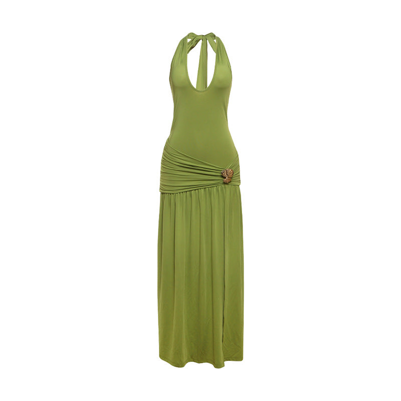 Women Clothing Summer Sexy Halter Strap Backless Slim Fit Fold Split Dress Bella Mia