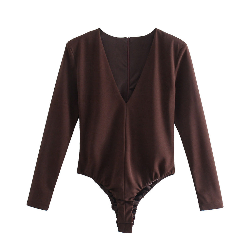Women Clothing Sexy Four Color Deep V Plunge neck Padded Shoulder Close Fitting Inner Bodysuit Bella Mia