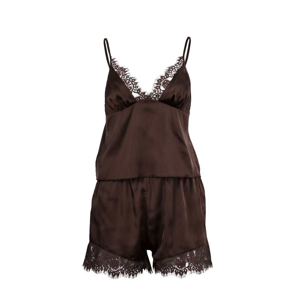 Women Pajamas Satin Stitching Lace Suspender Shorts Two Piece Set Summer Loungewear