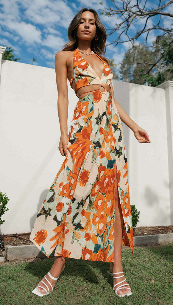 Exclusive for Women V neck Halter Backless High Split Hemline at Hem Maxi Dress Bella Mia
