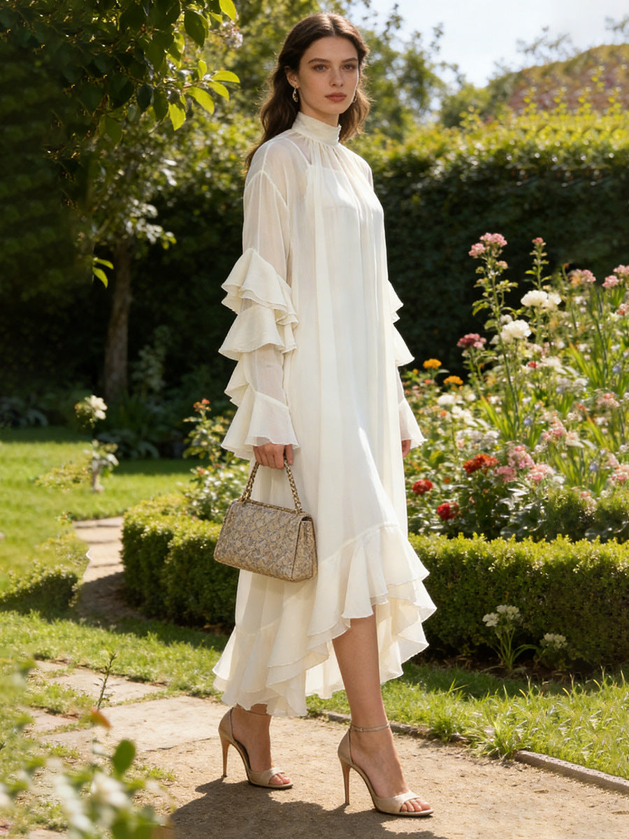 Spring High Neck Ruffled Maxi Dress Bell Sleeve Irregular Asymmetric Neck Loose Slimming Two Piece Dress Bella Mia