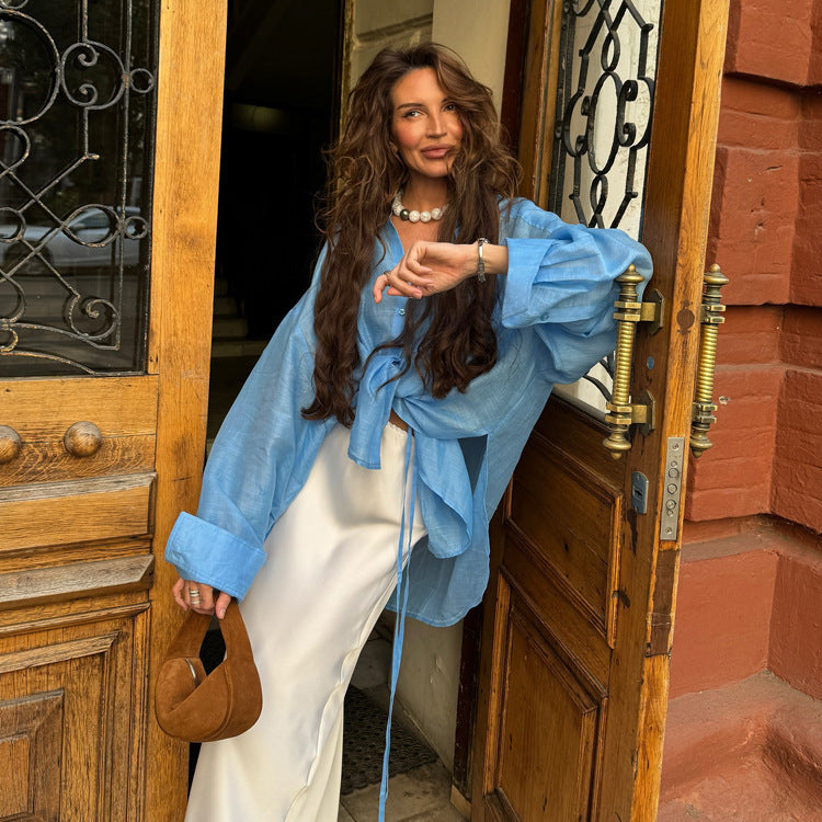 Women Clothing Early Autumn Polo Collar Long Sleeve Tencel Shirt Office All Match Loose Shirt Bella Mia