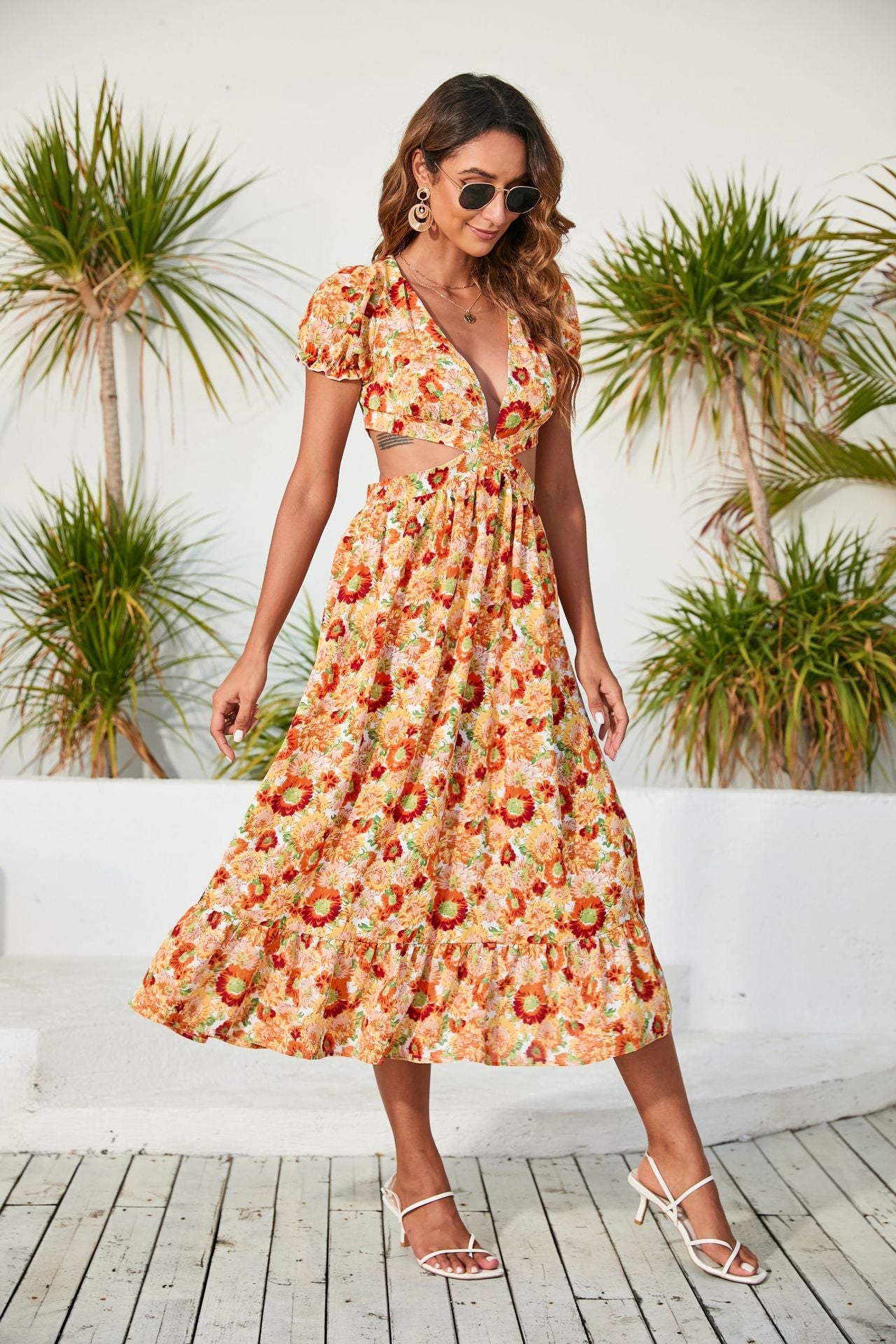 Spring Summer Women Clothing V Neck Printed Dress Backless Midi Dress