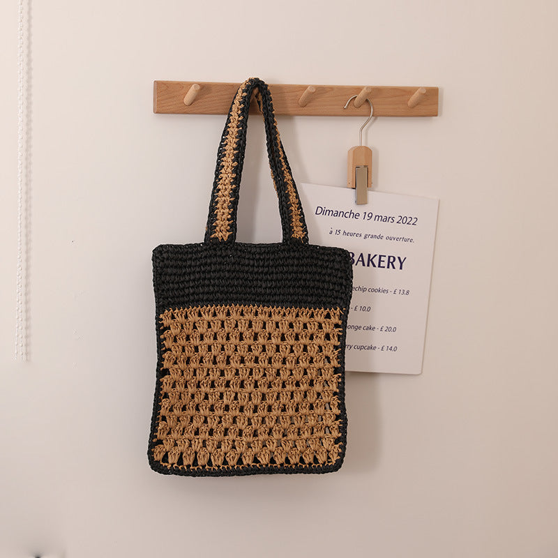 Color Matching Hollow Out Cutout out Crochet Shoulder Straw Bag Special Interest Design Hand Woven Bag Seaside Vacation Beach Bag Bella Mia