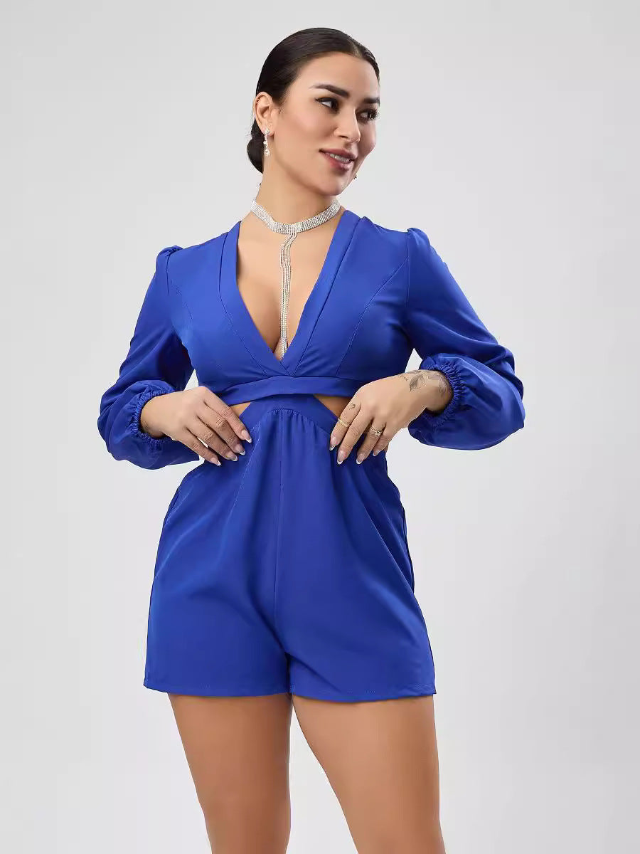 V neck Lace up Long Sleeved Jumpsuit Autumn Sexy Cutout Shorts Bella Mia