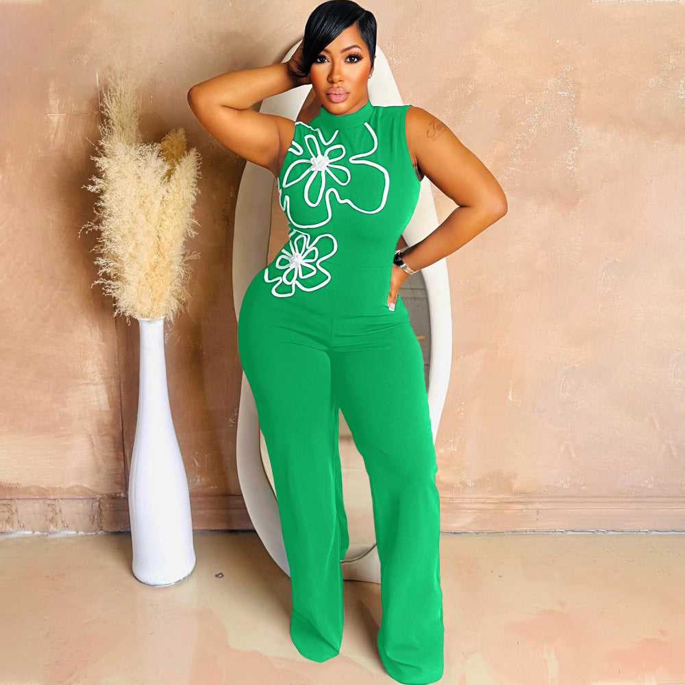 Sleeveless One Piece Floral Design Slim Trousers round Neck Sexy Hip Women Bella Mia
