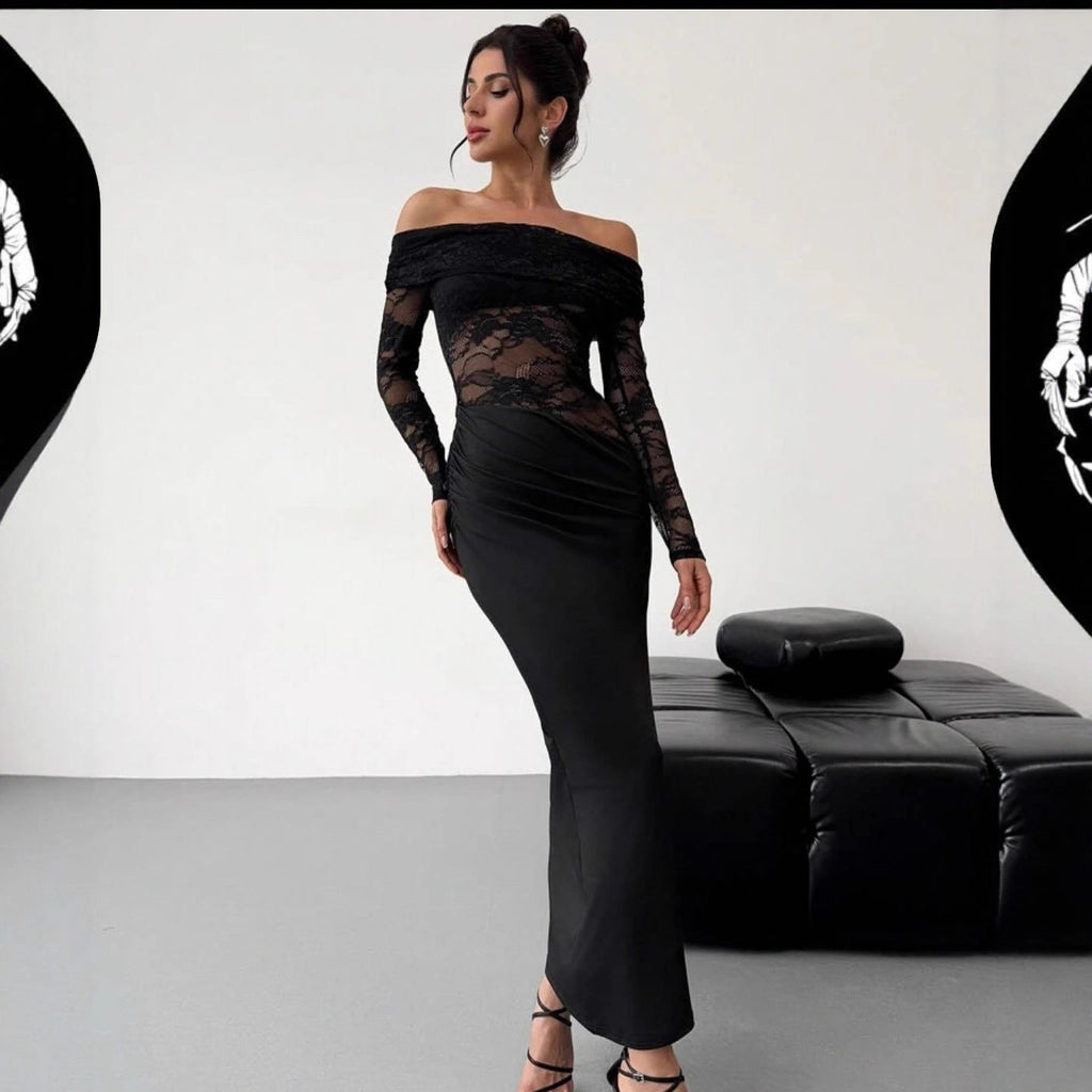Hollow Out Cutout out Summer off-Shoulder Lace Maxi Dress Long Sleeve High Grade Sexy Sheath Dress Women Clothing Bella Mia