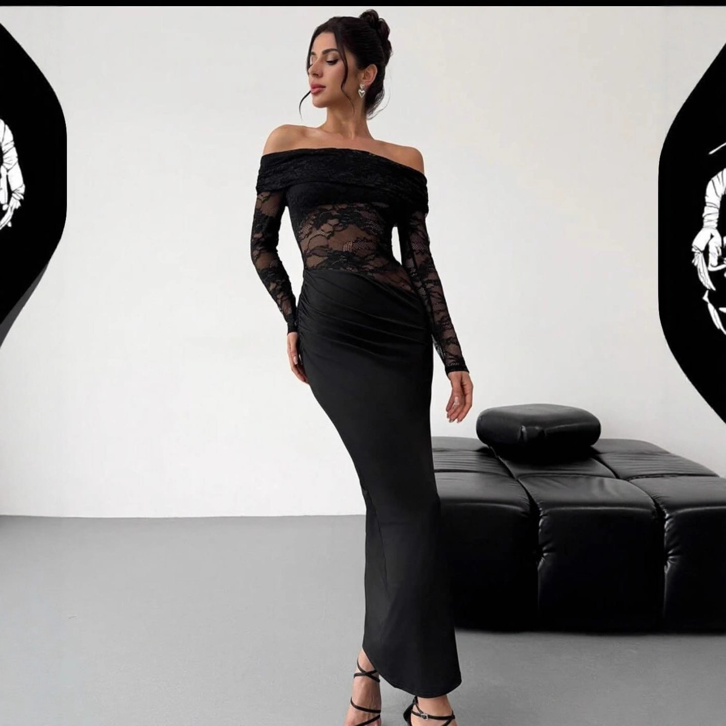 Hollow Out Cutout out Summer off-Shoulder Lace Maxi Dress Long Sleeve High Grade Sexy Sheath Dress Women Clothing Bella Mia