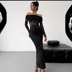 Hollow Out Cutout out Summer off-Shoulder Lace Maxi Dress Long Sleeve High Grade Sexy Sheath Dress Women Clothing Bella Mia