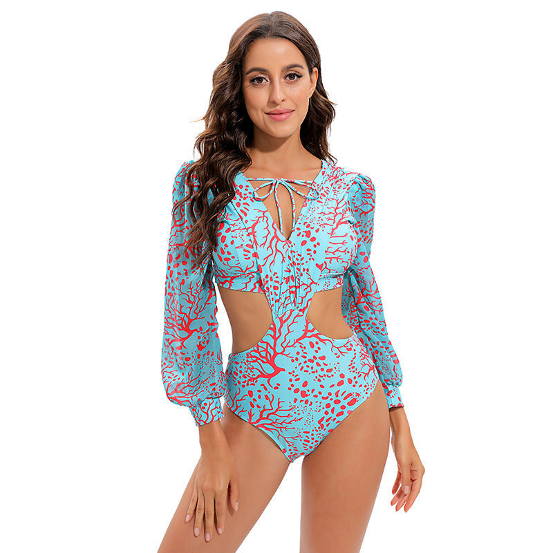 Swimsuit Backless Long Sleeve One Piece Swimsuit High Waist Tied V neck Swimsuit Women Bikini Bella Mia
