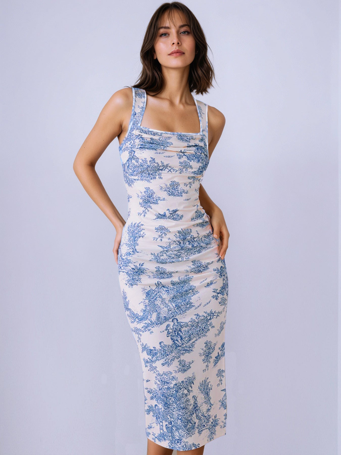 Summer Fresh Maxi Dress Square Collar Slimming Side Slit Sling Dress