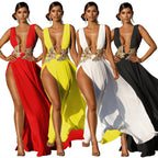 New Ladies Maxi Dress Sexy Fashion Wedding Evening Dress Deep V Plunge Plunge High Slit Part Large Swing Mop Dress Bella Mia