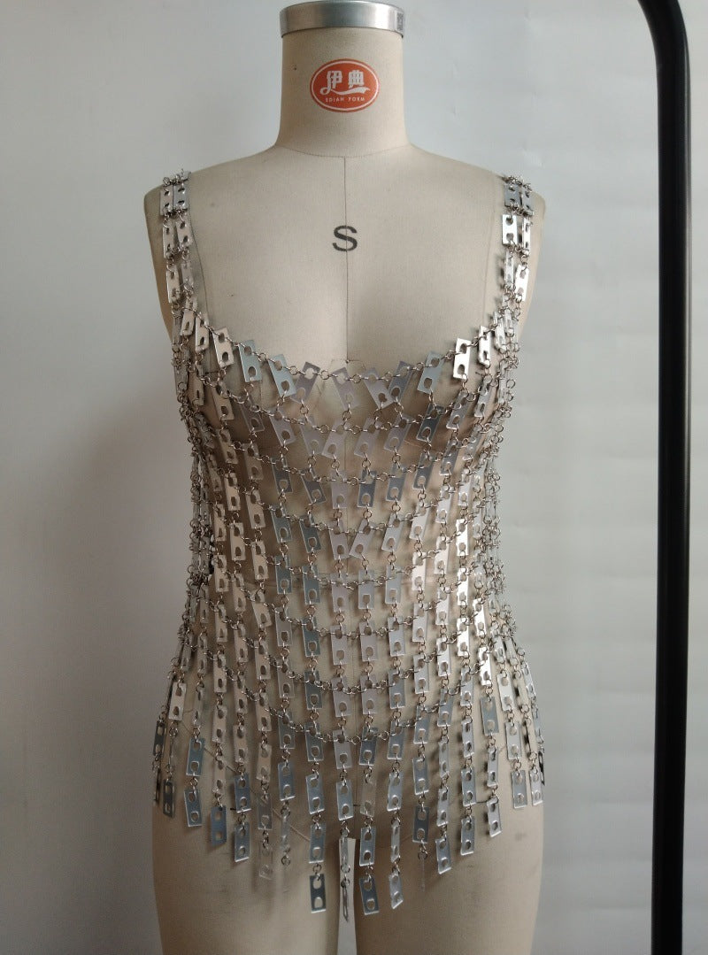 Women Clothing Sexy Sequined Top Square Acrylic Hollow Out Cutout Nightclub Party Bella Mia
