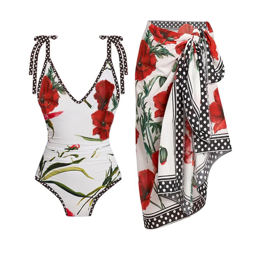 Printing One Piece Women Swimwear French Retro Cover Belly Slimming Swimsuit Chiffon Sand Bella Mia