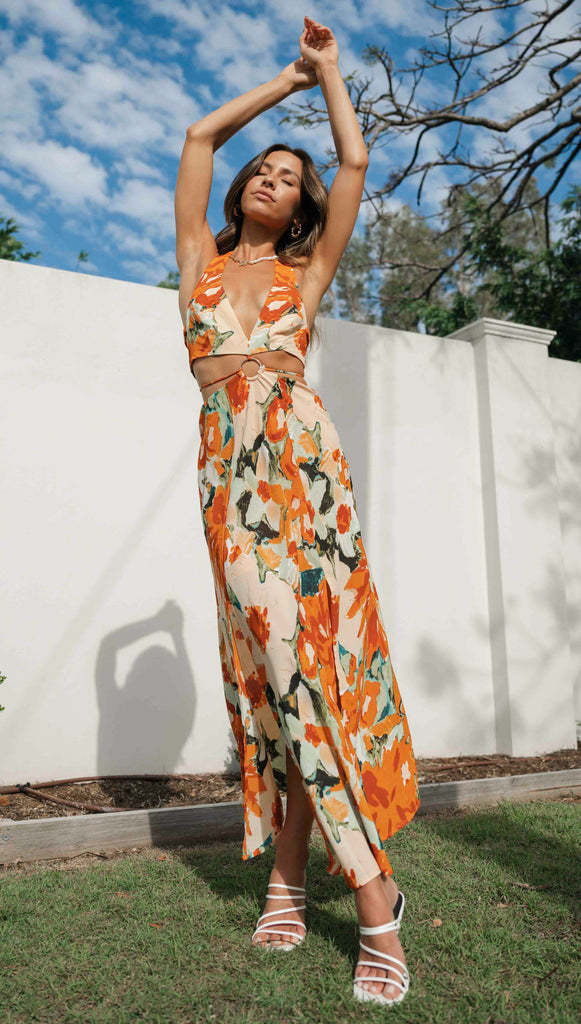 Exclusive for Women V neck Halter Backless High Split Hemline at Hem Maxi Dress Bella Mia