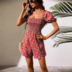 Romper Solid Color Bubble Sleeve Square Collar Backless Elastic Waist Jumpsuit Bella Mia