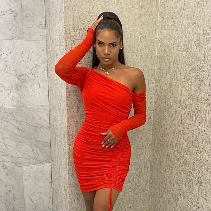 Summer Sexy Mesh Sloping-Shoulder off the-Shoulder Long Sleeve See-through Pleating Dress Bella Mia