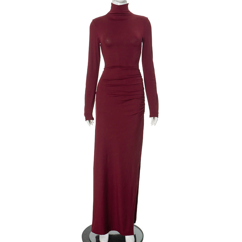 Women Clothing High Collar Slim Fit Long Sleeves High Slit Elegant Maxi Dress Bella Mia