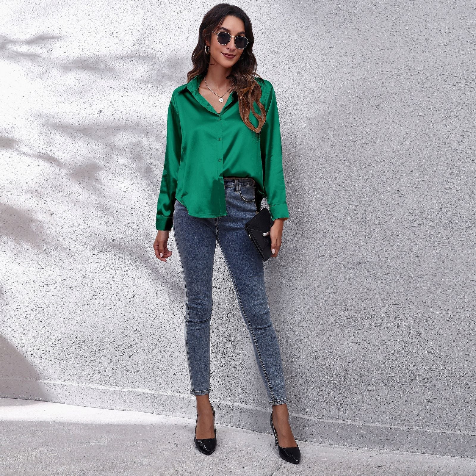 Satin Shirt Women Satin Artificial Silk Long Sleeve Shirt Bella Mia