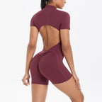 Hollow Out Cutout Beauty Back Short Sleeve Zipper Jumpsuit Peach Hip Sports Fitness Bare Back Jumpsuit Yoga Clothes for Women Bella Mia