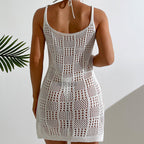 Vacation Women Clothing Short Chic round Neck Plaid Texture Hollow Out Cutout out See through Camisole Sexy Short Dress Crochet hook Bella Mia