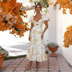 Spring Women Fashionable Elegant Puff Sleeve V neck Hollow Out Cutout out Printed Dress for Women Bella Mia