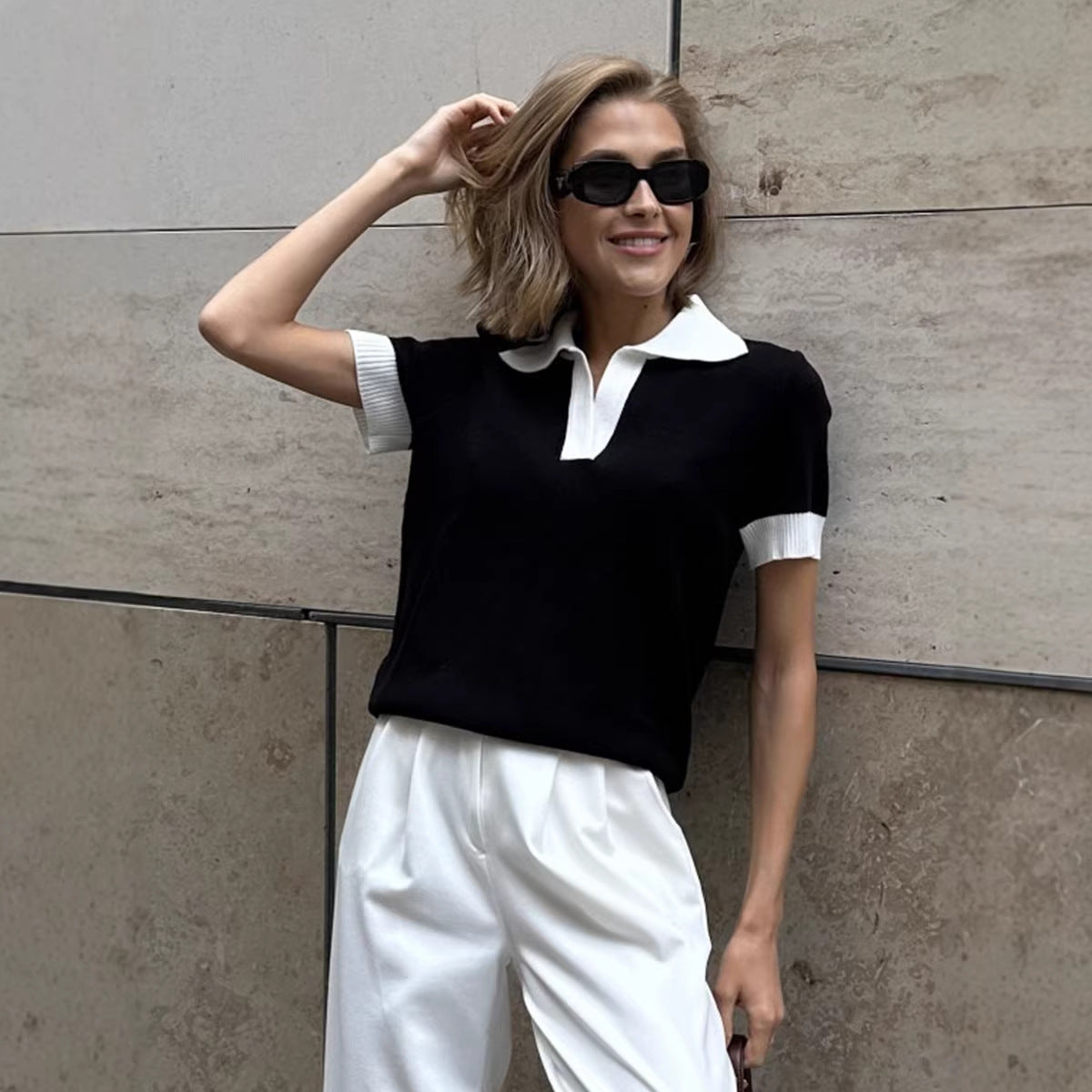 Short Sleeved Knitwear Summer Office Polo Collar Contrast Color Slim Fit Knitted Top Bella Mia