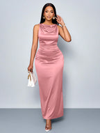 Summer Satin Pleated Sleeveless Slim Fit Maxi Dress Elegant Graceful Dress Bella Mia