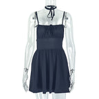 Simple Women Pleated Solid Color A line Dress Backless Lace up Boat Neck Short Dress Bella Mia