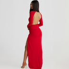 Autumn Women High Collar Backless Long Sleeves Jumpsuit Sexy Slit Dress Bella Mia