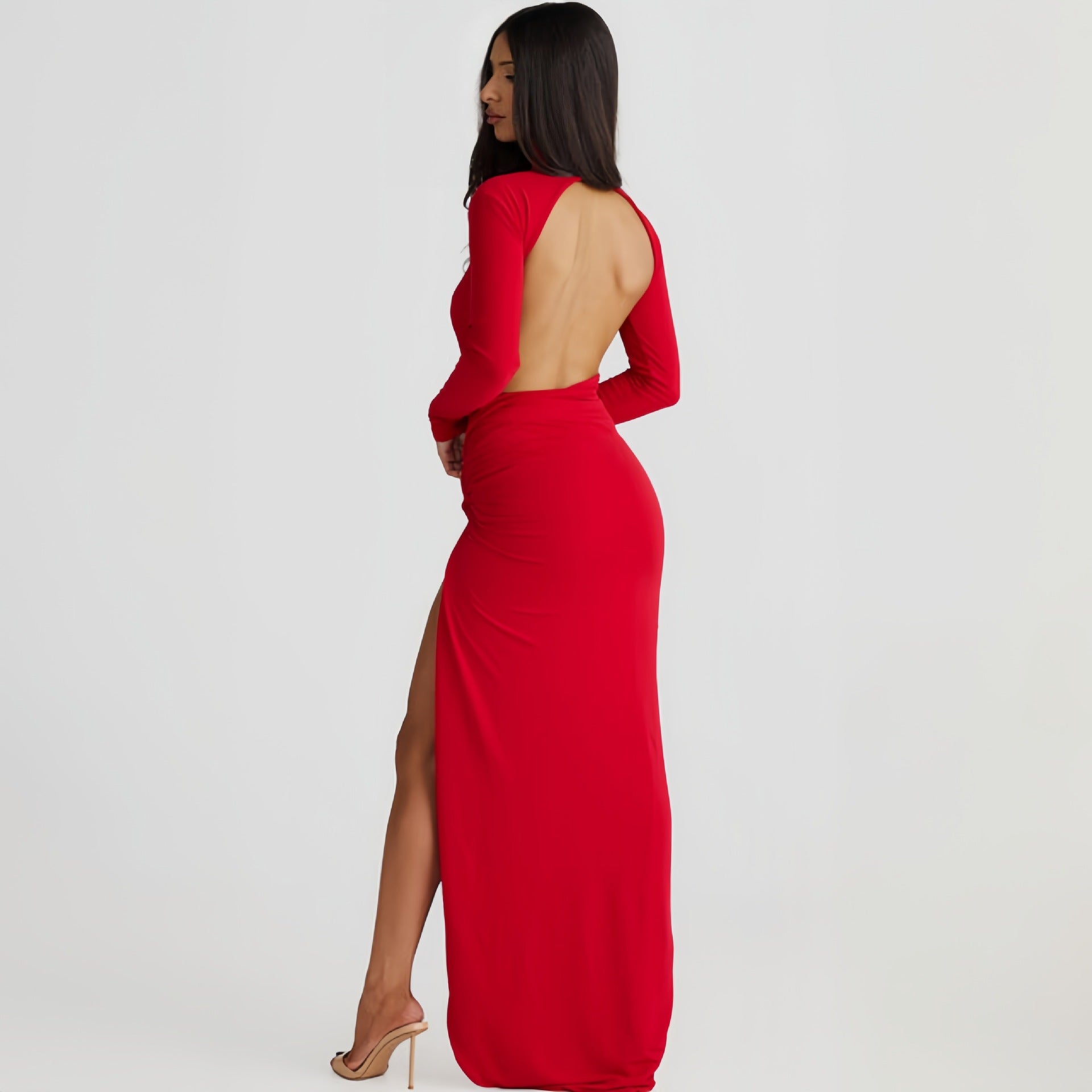 Autumn Women High Collar Backless Long Sleeves Jumpsuit Sexy Slit Dress Bella Mia