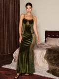 Sexy Backless Green Lace Velvet Spaghetti Straps Dress Elegant Slim Fit Fishtail Dress Sexy Lingerie Bella Mia