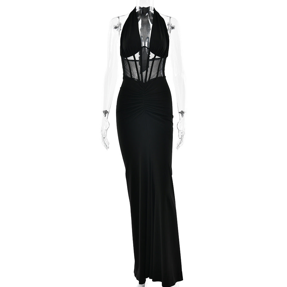 Elegant Women Lace up Maxi Dress Sexy Backless Pleated Sheath Dress Bella Mia
