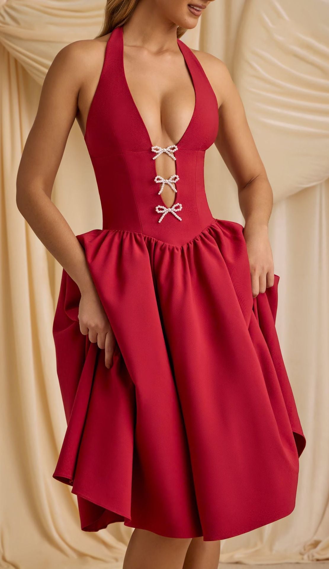 Spring Summer Halter Bow Deep V Plunge neck Backless Sexy Tulle Tutu Dress Bella Mia