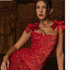 Spring Summer Entry Lux Bow High Sense Embroidered Hollow Out Cutout Sheath Dress Bella Mia