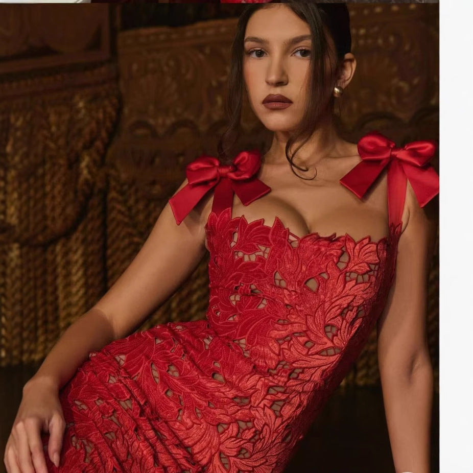 Spring Summer Entry Lux Bow High Sense Embroidered Hollow Out Cutout Sheath Dress Bella Mia