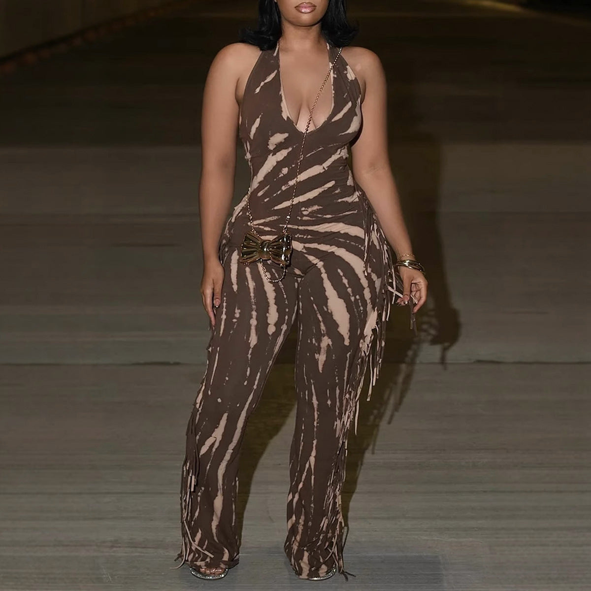 Elegant Sexy Slim Fit Stretch Backless Tassel Printed Halter Strap Micro Pull Jumpsuit Bella Mia