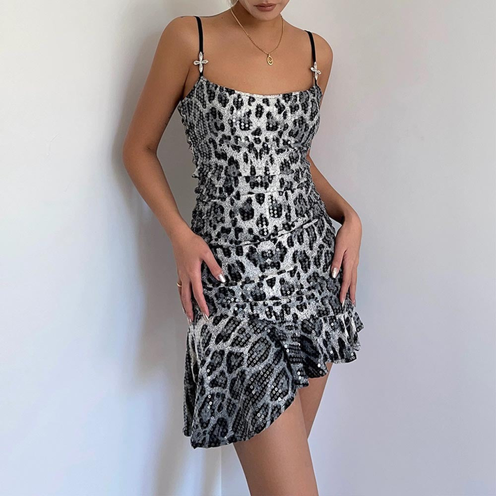 Women Clothing Autumn Sequined Leopard Backless Cross Decoration Sexy Dress Bella Mia
