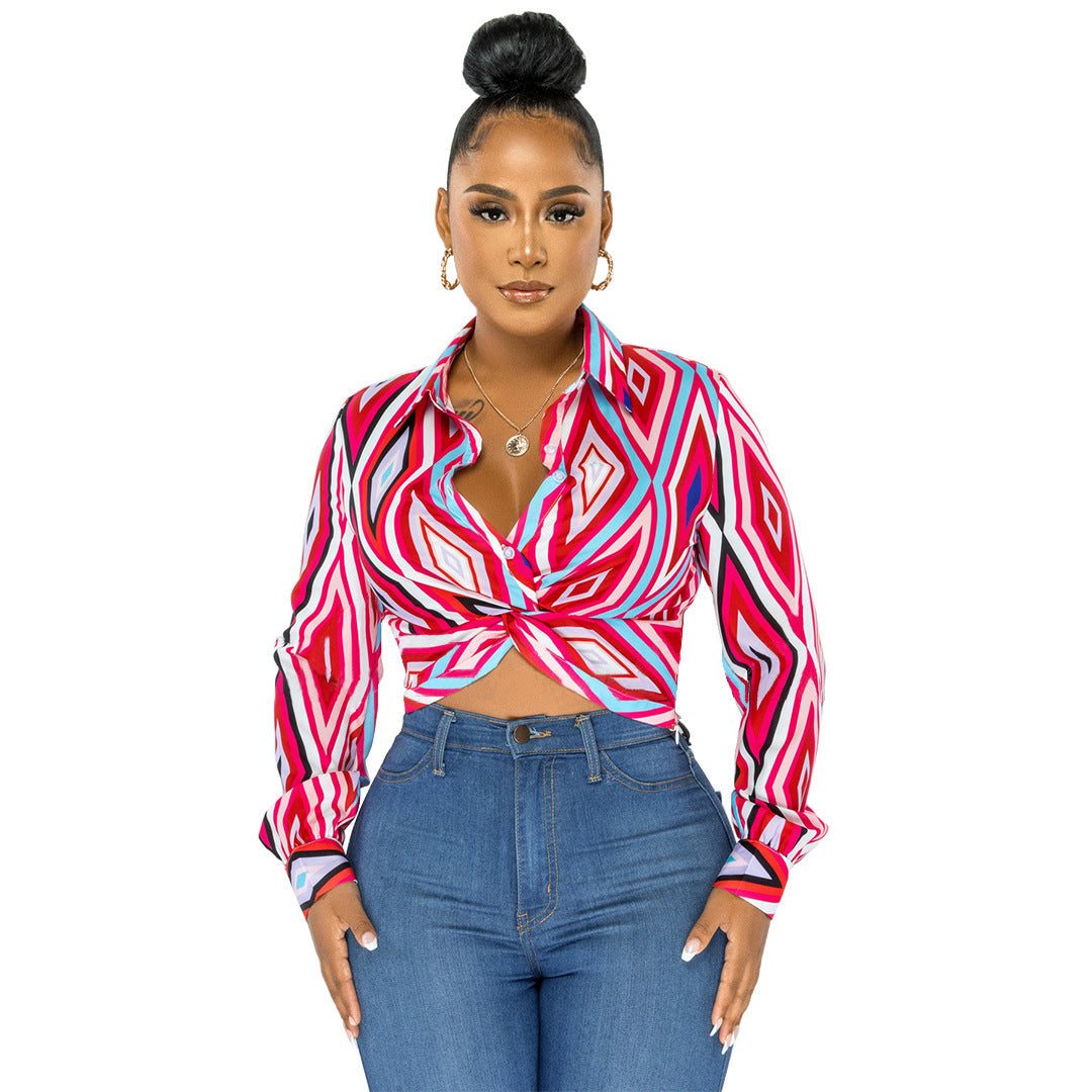 Women Clothing Geometry Pattern Printed Twist Button Shirt Top Bella Mia