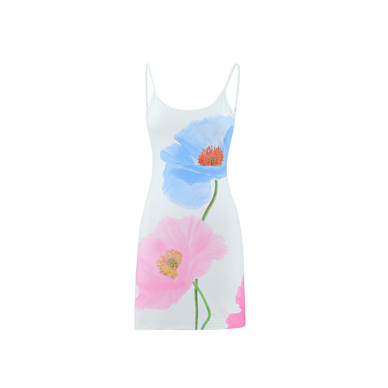 Summer Partysu Women Sling U Neck Backless Slim Fit A line Floral Print Dress Bella Mia