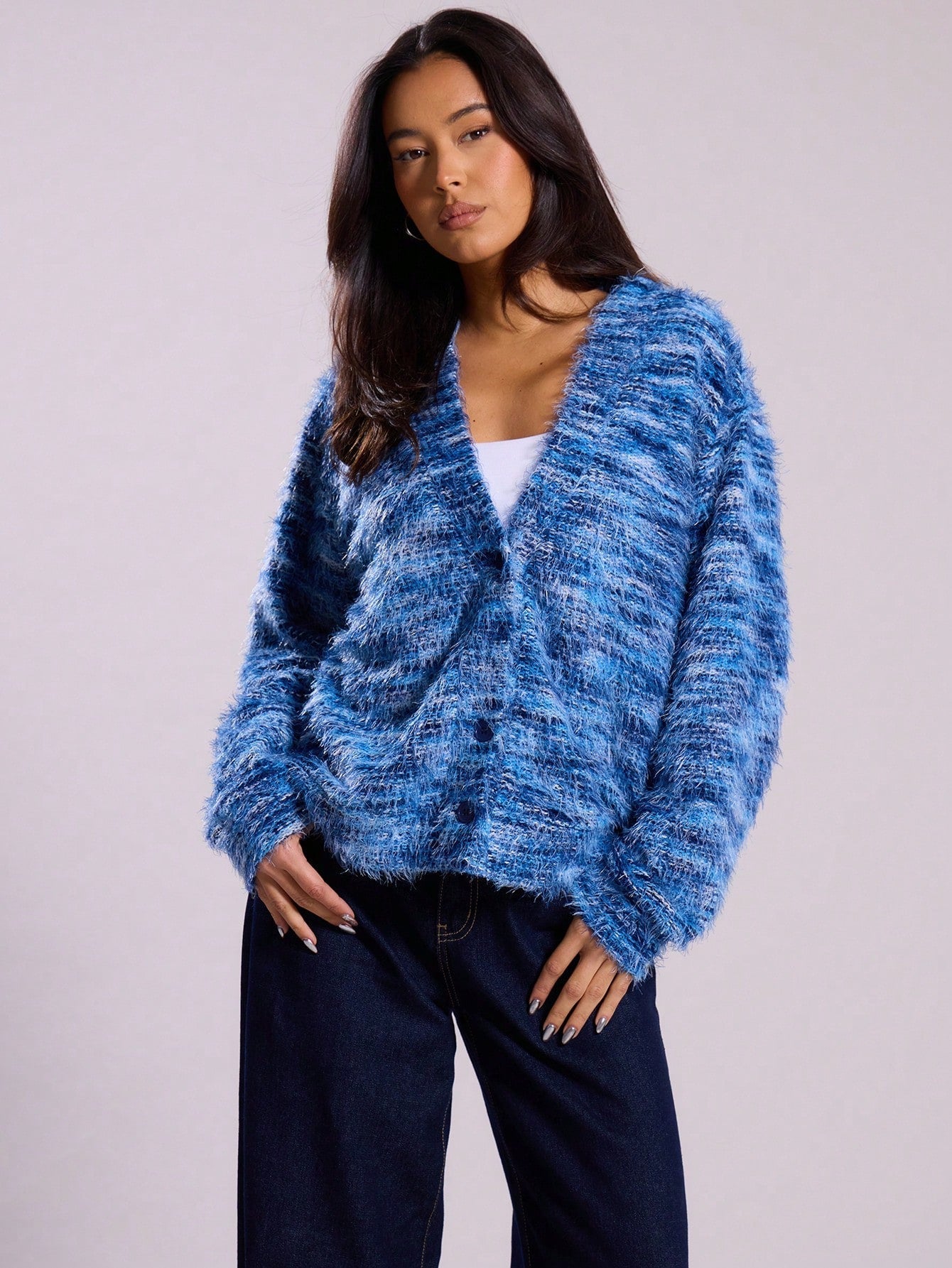 Retro Deep V Plunge neck Design Maillard Plush Long Sleeve Cardigan Bella Mia