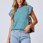 Women Clothing Summer round Neck Knitted Top Casual Striped Contrast Color Sweater Bella Mia