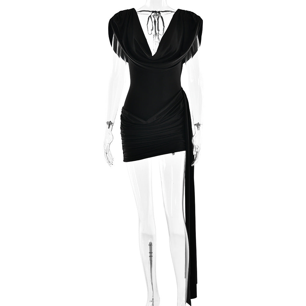 Women Clothing Summer Sexy Swing Collar Backless Sleeveless Ribbon Hip Bag Dress Bella Mia
