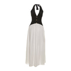 Fall Women Clothing French Sexy Halter Backless Contrast Color Fastener Decoration Dress Bella Mia