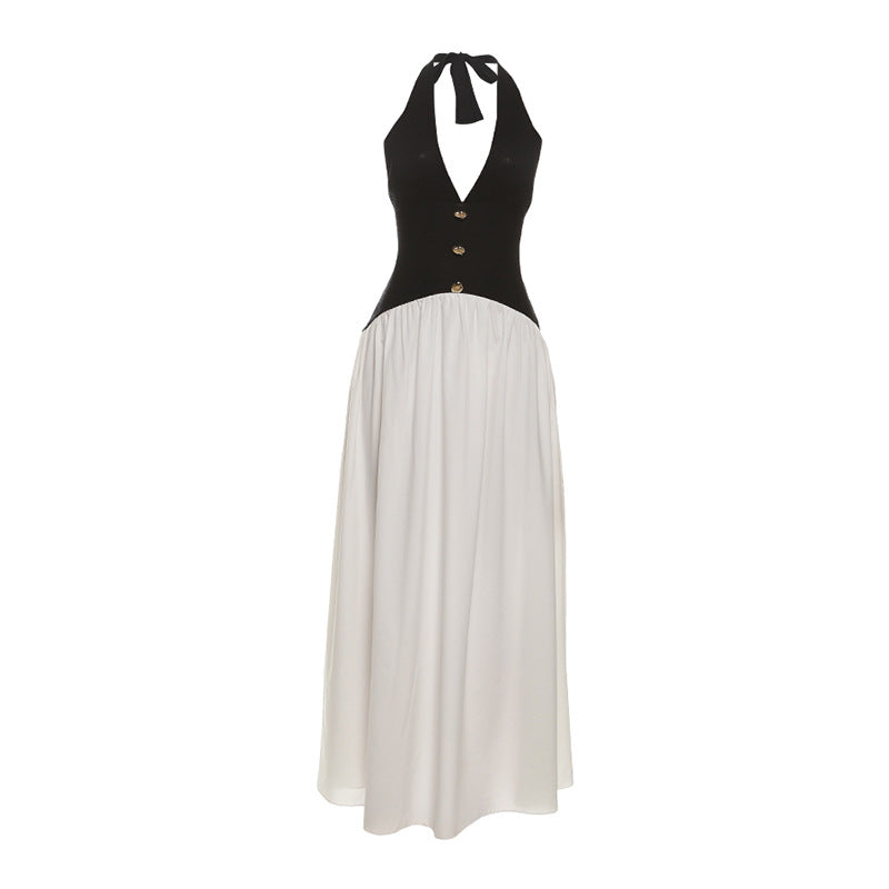Fall Women Clothing French Sexy Halter Backless Contrast Color Fastener Decoration Dress Bella Mia