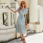 V neck Short Sleeve Hollow Out Cutout Lace Stitching Flounced Pastoral Vacation Dress Bella Mia