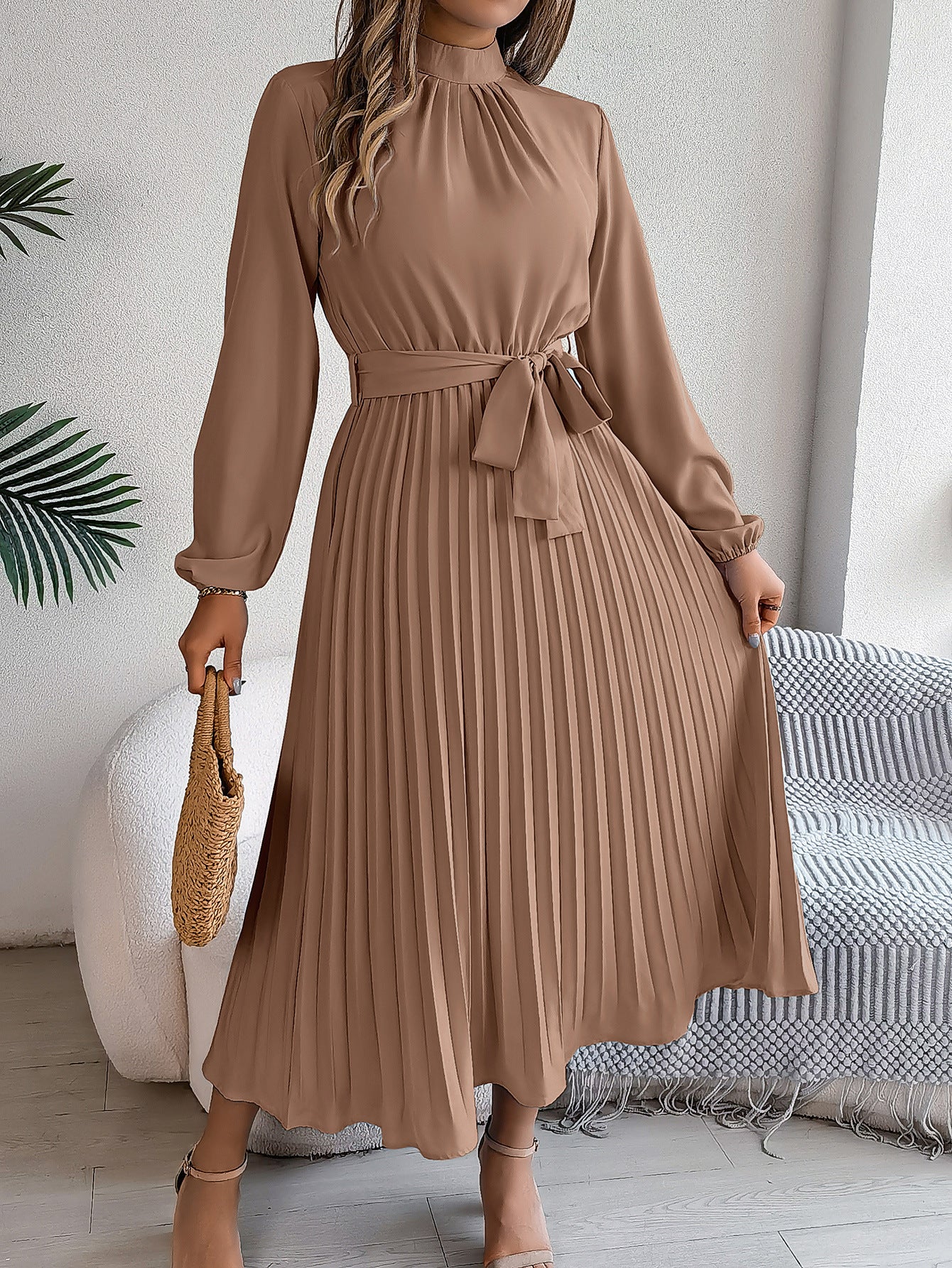 Autumn Winter Elegant Stand Collar Long Sleeve Cinched Pleated Maxi Dress Small Dress Women Clothing Bella Mia