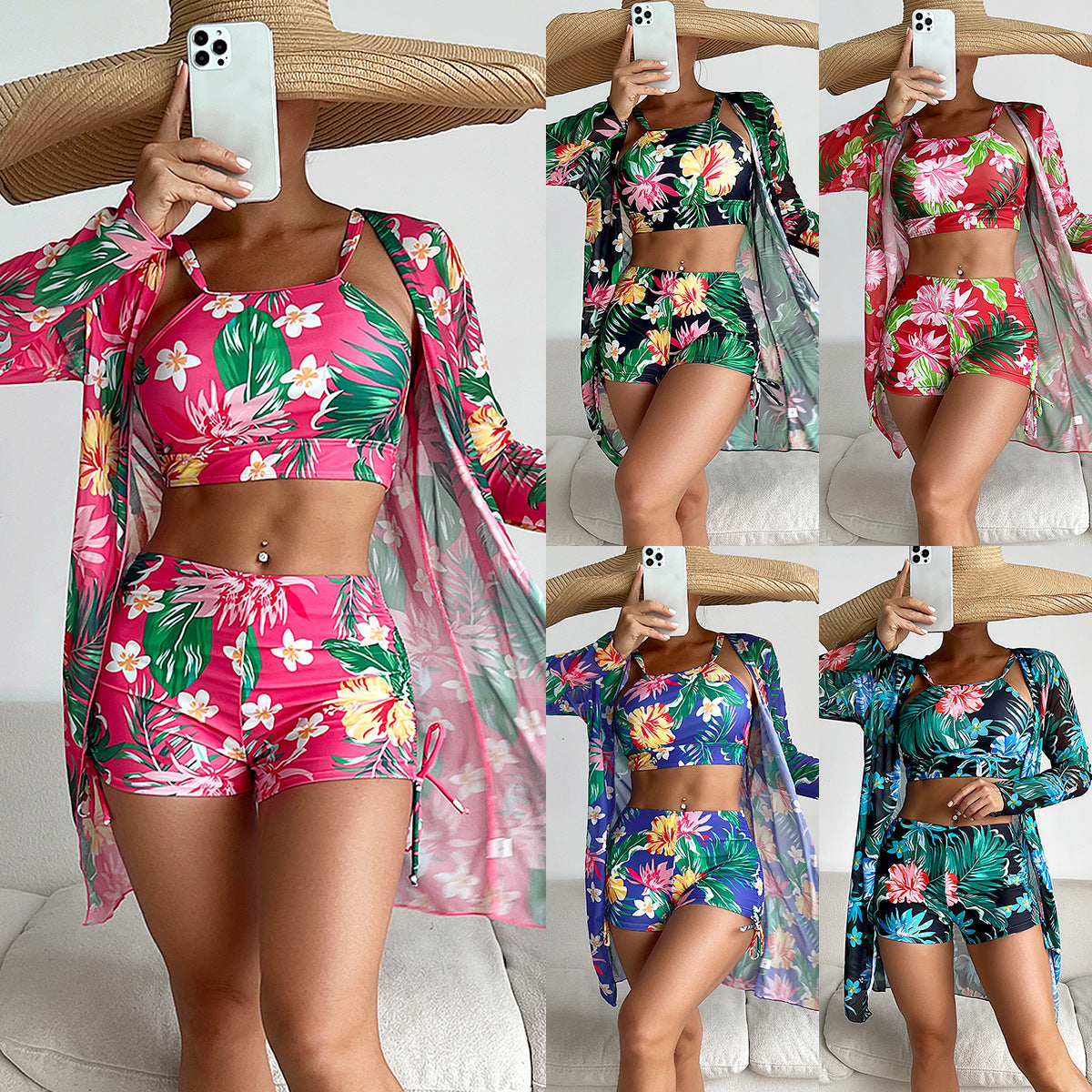 Swimsuit Women Split Three Piece Boxer Shorts Printing Mesh Red Conservative Swimsuit Bella Mia